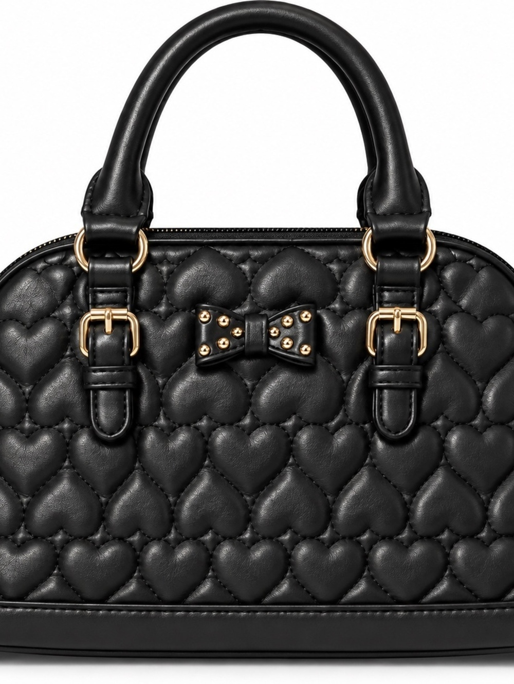 Black Quilted Heart Pattern Women's Shoulder Bag with Gold Stud Bow Accent